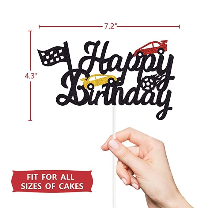 Marwey Race Car Cake Topper - Double-Sided, Paper, 1 Count, Chequered Flag Birthday Party Decorations, Happy Birthday Theme
