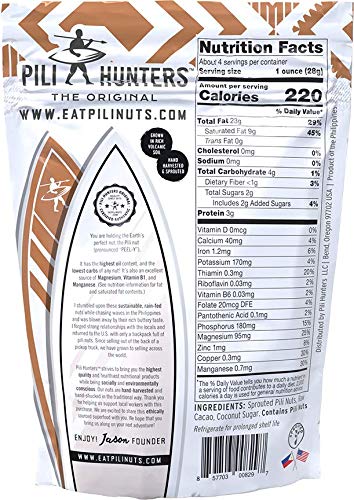 Pili Hunters Wild Sprouted Pili Nuts, Raw Cacao Vegan Snack, 4 oz, Gluten Free, Low Carb Energy