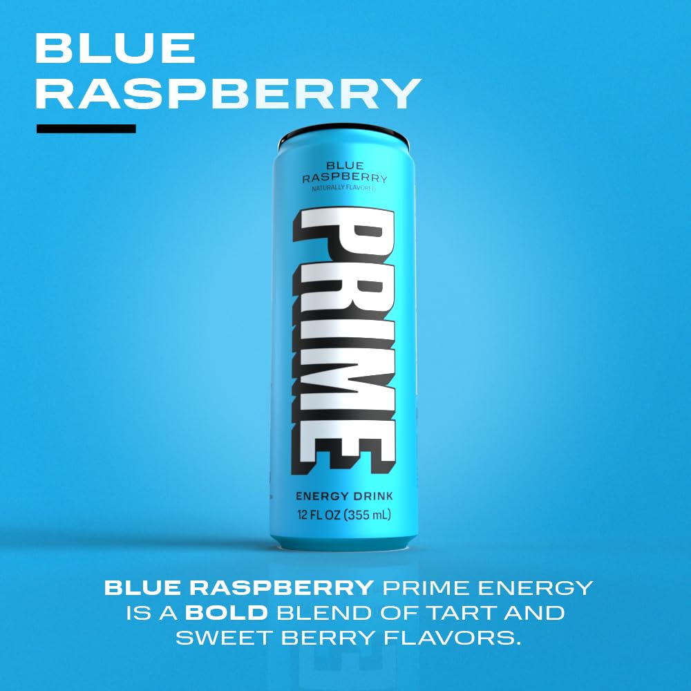 PRIME HYDRATION Energy Drink - Blue Raspberry, 200mg Caffeine, 355mg Electrolytes, Vegan, Gluten Free, 12 Fluid Ounce, 12 Pack