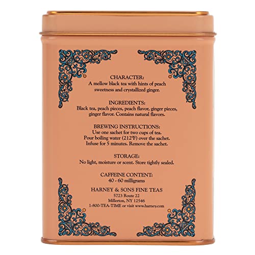 Harney & Sons Peaches & Ginger Black Tea - 20 Count Sachet Tin - Premium Flavored Black Tea for a Refreshing Brew