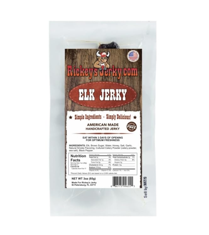 Rickey's Jerky, Elk, 100% Made From Solid Strips of Exotic Wild Game Jerky, All Natural Meat, High Protein snack, Keto Friendly,