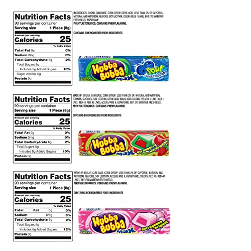Hubba Bubba Max Bubble Gum - Variety Pack 3 Flavors (Total Of 9 Packs Of Gum) - Sour Blue Raspberry Bubble Gum - Strawberry Wate