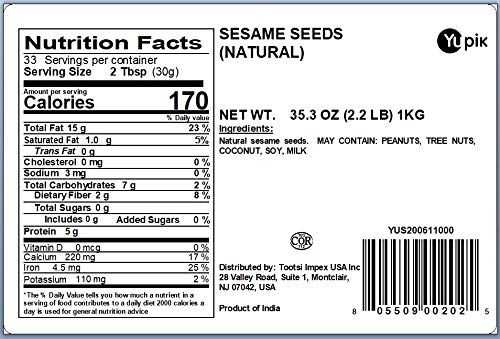 Yupik Natural Sesame Seeds, 2.2 lb (35.2 oz), Pack of 6, Gluten-Free, GMO-Free, Kosher, Vegan, Raw, Unroasted, Unsalted, Plant-B