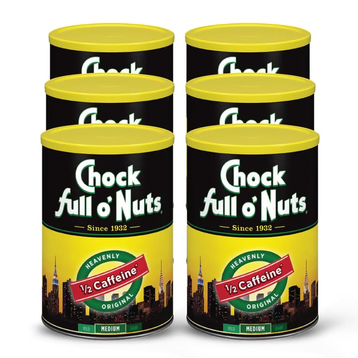Chock Full O Nuts Heavenly Oriflavor Blendal Half Energy Blend Ground Coffee - Top-Grade Beans In Recyclable Can - Rich Flavor & Aroma  Medium Roast - Perfect For Drip  Pour-Over  Percolator  10.3 Oz Can  Pack Of 6