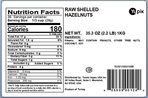 Yupik Raw Hazelnuts, 2.2 Lb (35.2 Oz), Pack Of 6, Gluten-Free, Kosher, Filberts, Whole Nuts With Skin, Unsalted, Unroasted, Oil-