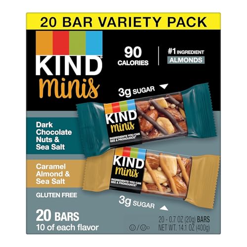KIND Minis Snack Bars, Dark Chocolate Nuts & Sea Salt and Caramel Almond & Sea Salt, 3g Sugar, Gluten Free Bars, Variety Pack, 0
