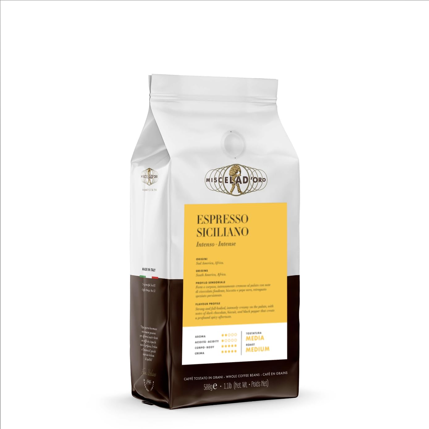 Miscela Doro Siciliano Espresso Beans - 1.1 Lb Bag - Strong Full-Bodied Italian Roast With Chocolate And Spice Notes - Medium Roast Whole Bean Coffee - Made In Italy