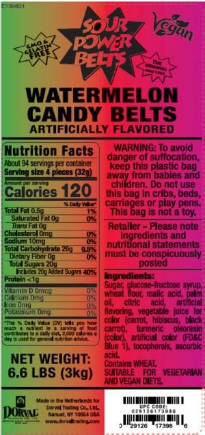 Sour Power Sour Candy Belts, Watermelon Flavor, 6.6 lb, Model 2912617398