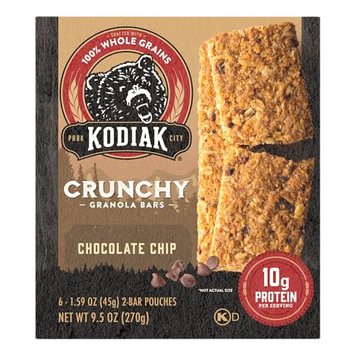 Kodiak Cakes Crunchy Granola Protien Snack Bars, Chocolate Chip, High Protein, 100% Whole Grains, 12 boxes with 6 pouches (144 b