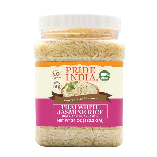 Pride Of India Thai White Jasmine Rice, Fragrant Hom Mali, 1.5 Pound Jar, Pack of 6
