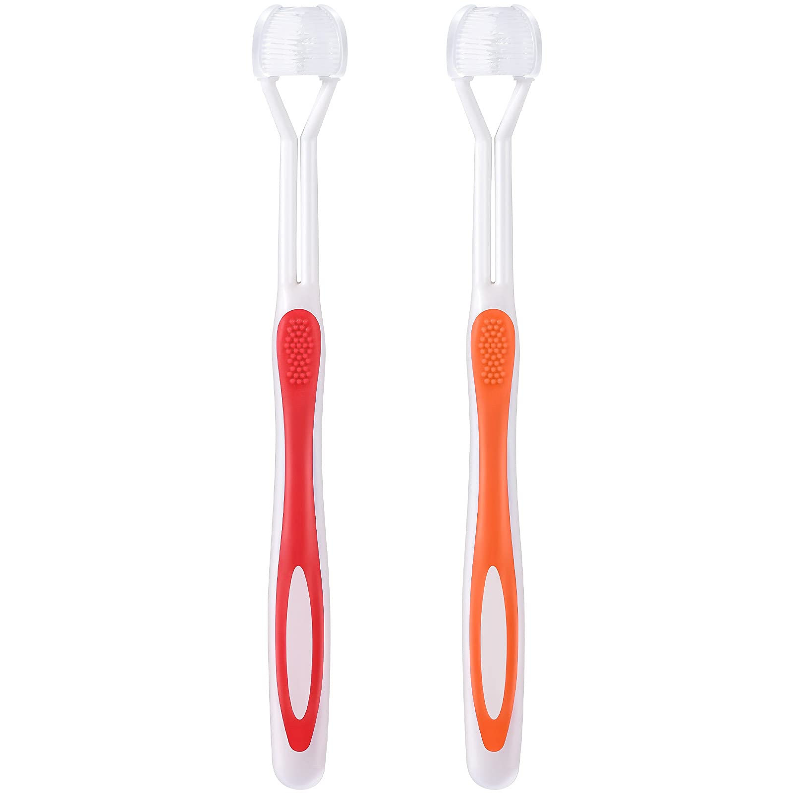 Boao 2 Pieces Autism Toothbrush Three Bristle Travel Toothbrush For Complete Teeth And Gum-Care, Great Angle Bristles Clean Each Tooth, Soft And Gentle (Red, Orange)
