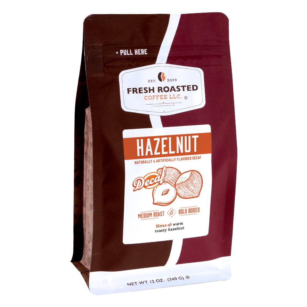 Fresh Roasted Coffee Decaf Hazelnut Flavored, Medium Roast, Whole Bean, 12 oz, Kosher