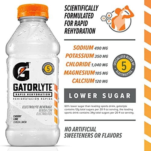 Gatorlyte Rapid Rehydration Electrolyte Drink, Cherry Lime, Specialized Blend of 5 Electrolytes, Lower Sugar, No Artificial Swee