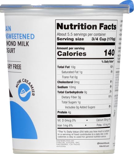Kite Hill Plain Unsweetened Almond Milk Yogurt, 32 Ounces, Dairy Free, Live and Active Cultures, Gluten Free, Non-GMO, Vegan