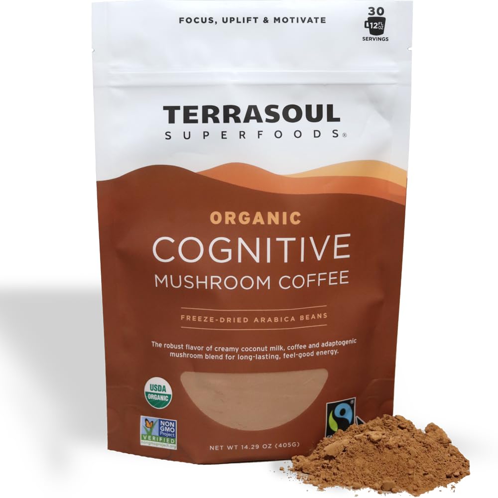 Terrasoul Superfoods Organic Cognitive Mushroom Coffee, 30 Servings, 14.29 Oz, Energize Your Morning And Boost Focus With Powerf