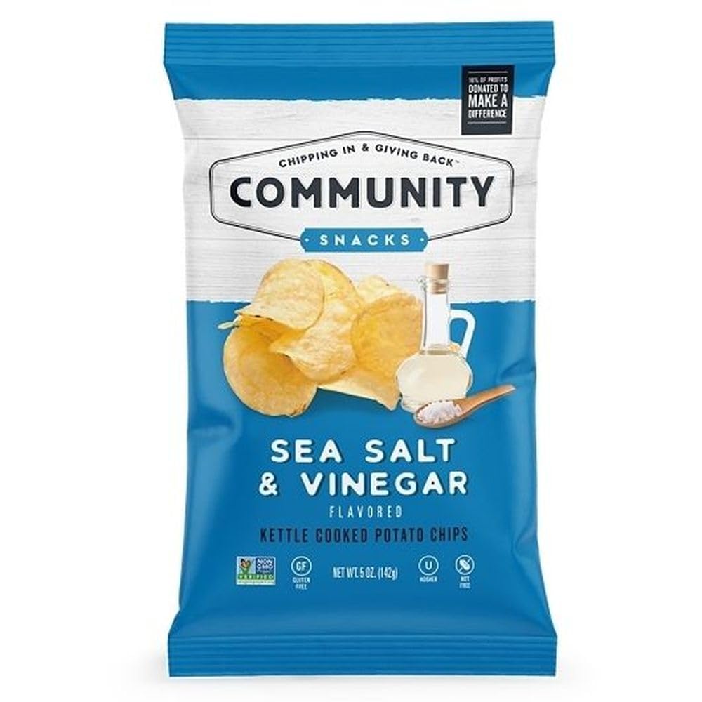 Community Snacks Sea Salt & Vinegar Flavor Crunchy Kettle Cooked Potato Chips - 5 Oz Bag (12 Count) - Non-GMO, Gluten-Free, Kosh