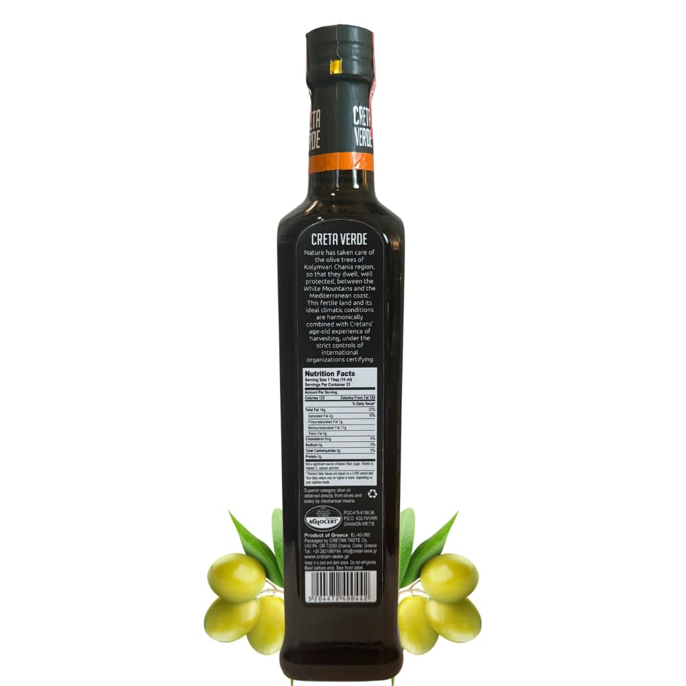 Cretan Taste Cold Pressed Greek Extra Virgin Olive Oil 500 ml | P.D.O. Kolymvari, Koroneiki Variety, Glass Bottle
