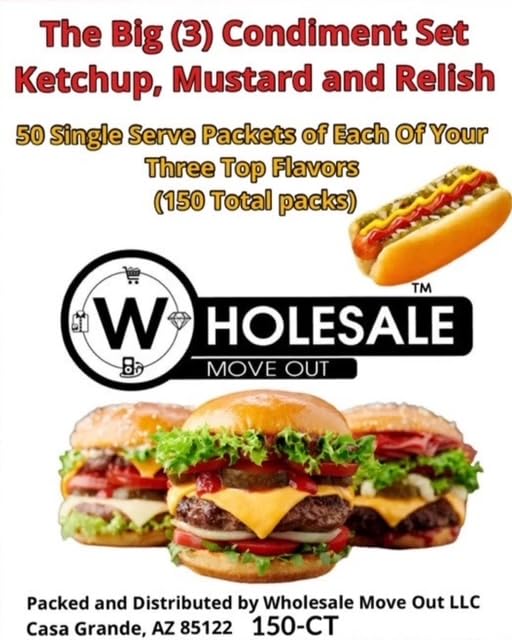 Wholesale Move Out Condiment Variety Pack, 150 Single Serve Packets, Ketchup Mustard Relish, 50 Each