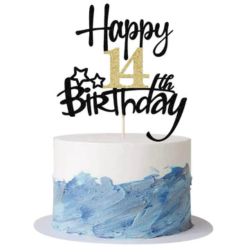Kaoenla Black Gold Glitter Happy 14Th Birthday Cake Topper - Hello 14/Cheers Happy 14Th Birthday, 14Th Wedding Anniversary,14 Ye