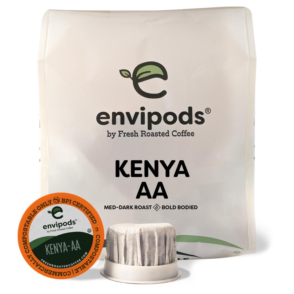 Fresh Roasted Coffee Kenya-AA Compostable Envipods, Medium-Dark Roast, 12 Count for Keurig K Cup Brewers