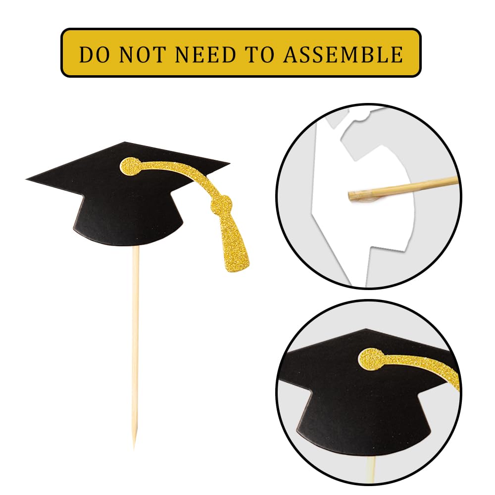 Partico Gold Glitter Graduation Cupcake Topper, 24pcs, Paper, Class of 2025, Food/Appetizer Picks