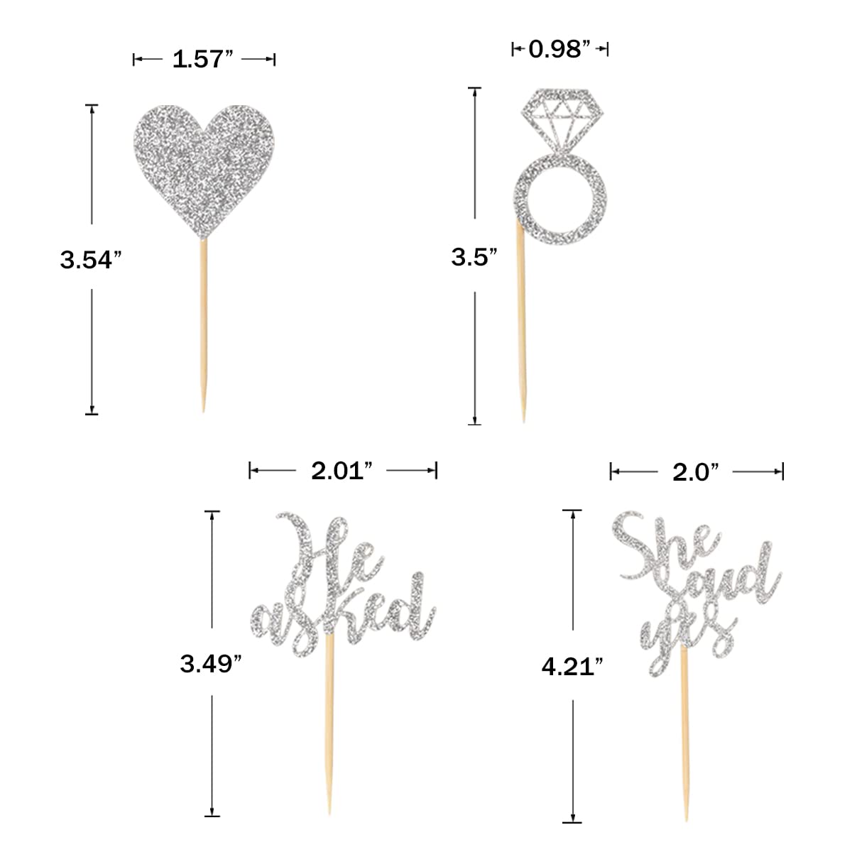 Donoter 24 Pieces Silver Glitter Engagement Cupcake Toppers He Asked She Said Yes Diamond Ring Heart Cupcake Picks For Wedding B
