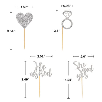 Donoter 24 Pieces Silver Glitter Engagement Cupcake Toppers He Asked She Said Yes Diamond Ring Heart Cupcake Picks For Wedding B