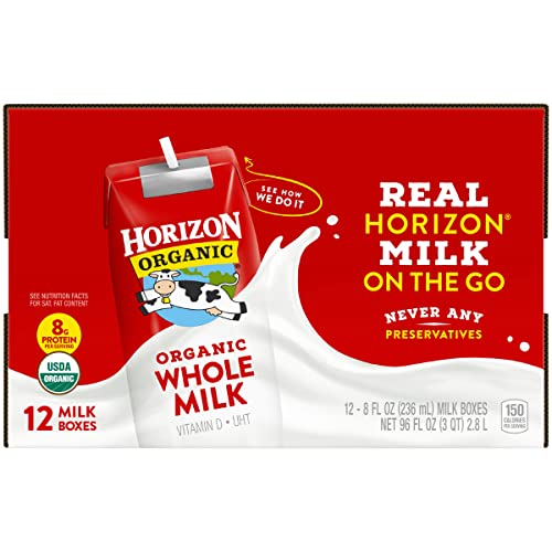 Horizon Organic Shelf Stable Whole Milk Boxes, 8 fl oz, 12 Count - 8g Protein per Serving, USDA Organic UHT from Pasture-Raised