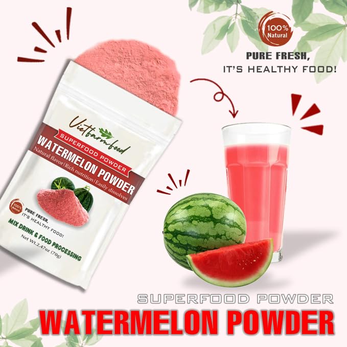 VIETFARMFOOD Watermelon Powder Freeze-Dried 2.47 Oz - Sugar-Free Mix for Drinks, Smoothies, and Baking