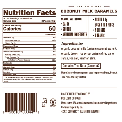 Cocomels Coconut Milk Caramels, Original Flavor, Organic Candy, Dairy Free, Vegan, Gluten Free, Non-Gmo, No High Fructose Corn S