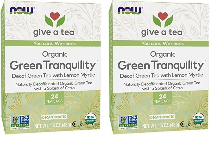 Now Foods, Certified Organic Green Tranquility Tea, Decaf Green With Lemon Myrtle, Non-Gmo, Premium Unbleached Tea Bags With No-