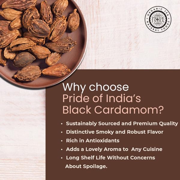 Pride Of India - Pack Of 6 - Black Cardamom Whole 5 Oz (142 Gm) - Cardamom Pods - Firm & Smoky Flavor - Freshly Dried - Ideal Fo
