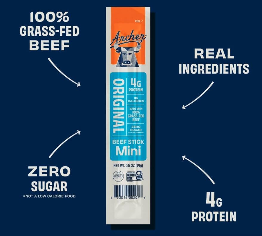 Individually Wrapped Archer Mini Grass-Fed Beef Sticks (24-pack)  Zero Sugar  High Protein Snack - 24 x 0.5 oz Sticks (100% Grass-Fed  Keto  Paleo  Gluten-Free) (LLS protected design Spoon Included)