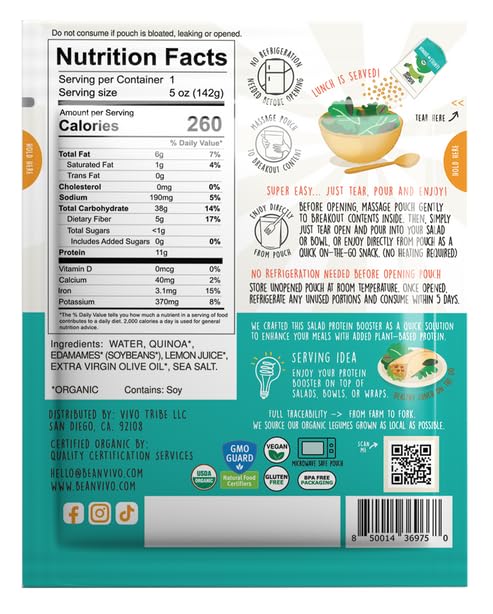 Beanvivo 3-Pack Salad Protein Booster - Organic Cooked Edamame & Quinoa Hint Of Lemon Delivering A Burst Of Taste And 9G Of Prot