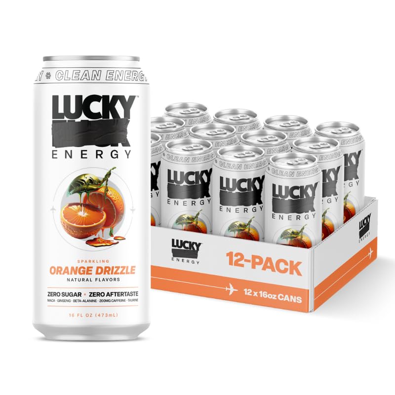 Lucky Energy Sugar Free Energy Drink, Orange Drizzle, 16oz Cans, 12-Pack, Zero Sugar, with Maca, Ginseng, and 200mg Caffeine