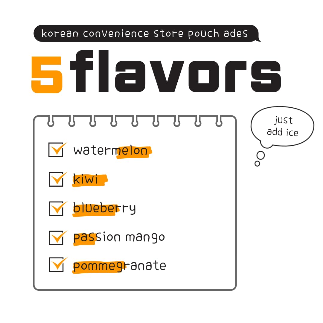Korean Covenienve Store Drink Pouch Sampler Set - 5 Pack 10 Pack (Watermelon, Blueberry, Passion Mango, Kiwi, Pommegranate) + Da