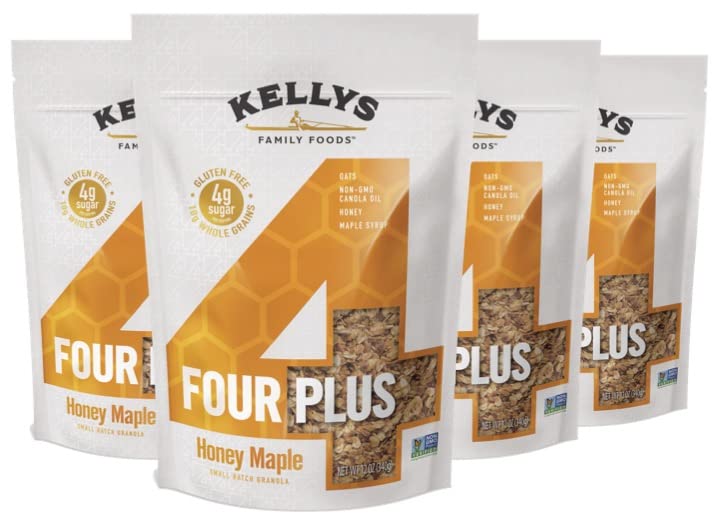 Kellys Four Plus Healthy Granola Cereal, Honey Maple, Non-GMO, Low Sugar, Gluten Free, 12oz (Pack of 4)