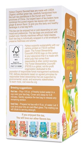 Hyleys Organic Green Tea Ginger and Lemon Flavor - 25 Tea Bags - (6 Pack - 150 Tea Bags Total)