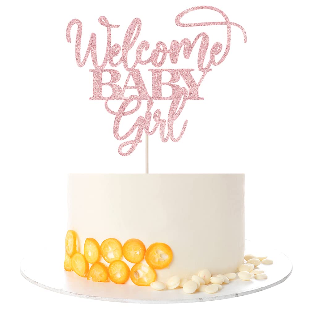 Kaoenla Welcome Baby Girl Cake Toppers - Baby Shower  Baby Shower  Newborn Gender Show Girl Happy Birthday Party Decoration (Rose Gold)