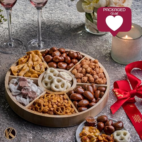 KREMERY Creamy Chocolate Cravings - Valentines Day Chocolate Covered Pretzels & Nuts Gift Basket, in Reusable Round Wooden Tray