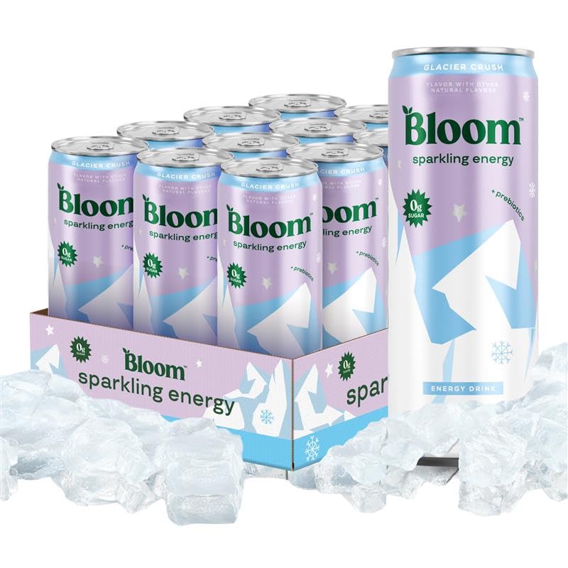 Bloom Nutrition Sparkling Energy Drink - Natural Energy Blend  Zero Sugar  180Mg - Antioxidant-Rich With Green Coffee Bean  Green Tea Extract  Prebiotics - Glacier Crush - 12Oz 12 Pack