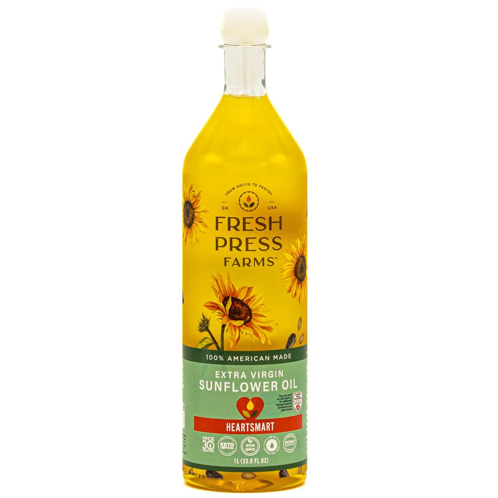 Fresh Press Farms Cold Pressed Extra Virgin Sunflower Oil, 33.8 Fl Oz, High Oleic, Georgia Grown, 100% American Made, Unrefined,