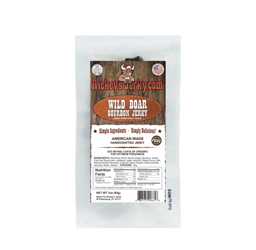 Rickey's Jerky, Wild Boar,100% Made From Solid Strips of Wild Boar, Exotic Wild Game Jerky, All Natural Meat, High Protein snack