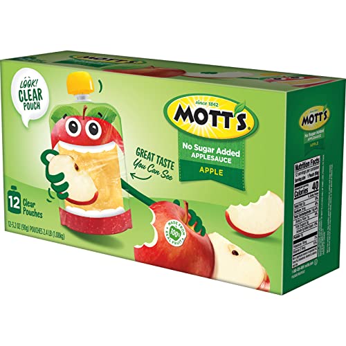 Mott s No Sugar Added Applesauce, 3.2 oz clear pouches, 12 Count (Pack of 8)