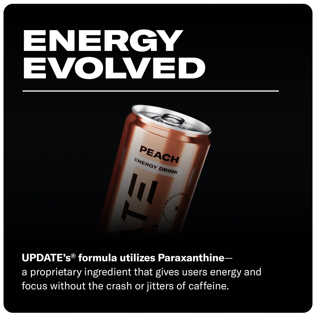 Update Energy Drink - Jitter Free, Caffeine & Sugar Free, Peach Flavor - 12 Fl. Oz, 12 Pack