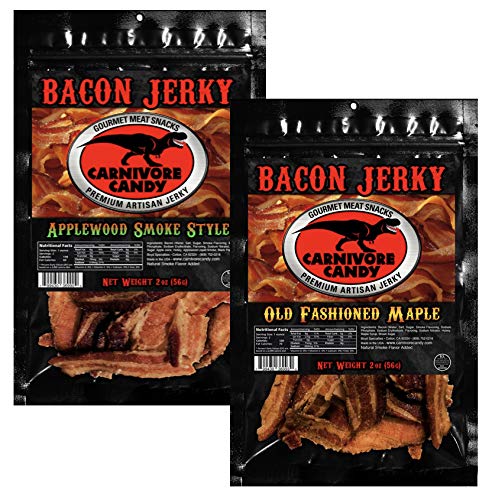 Jurassic Jerkey Carnivore Candy Bacon Jerky Sampler - Old Fashioned Maple & Applewood Smoke - 2 oz bags (Pack of 2)