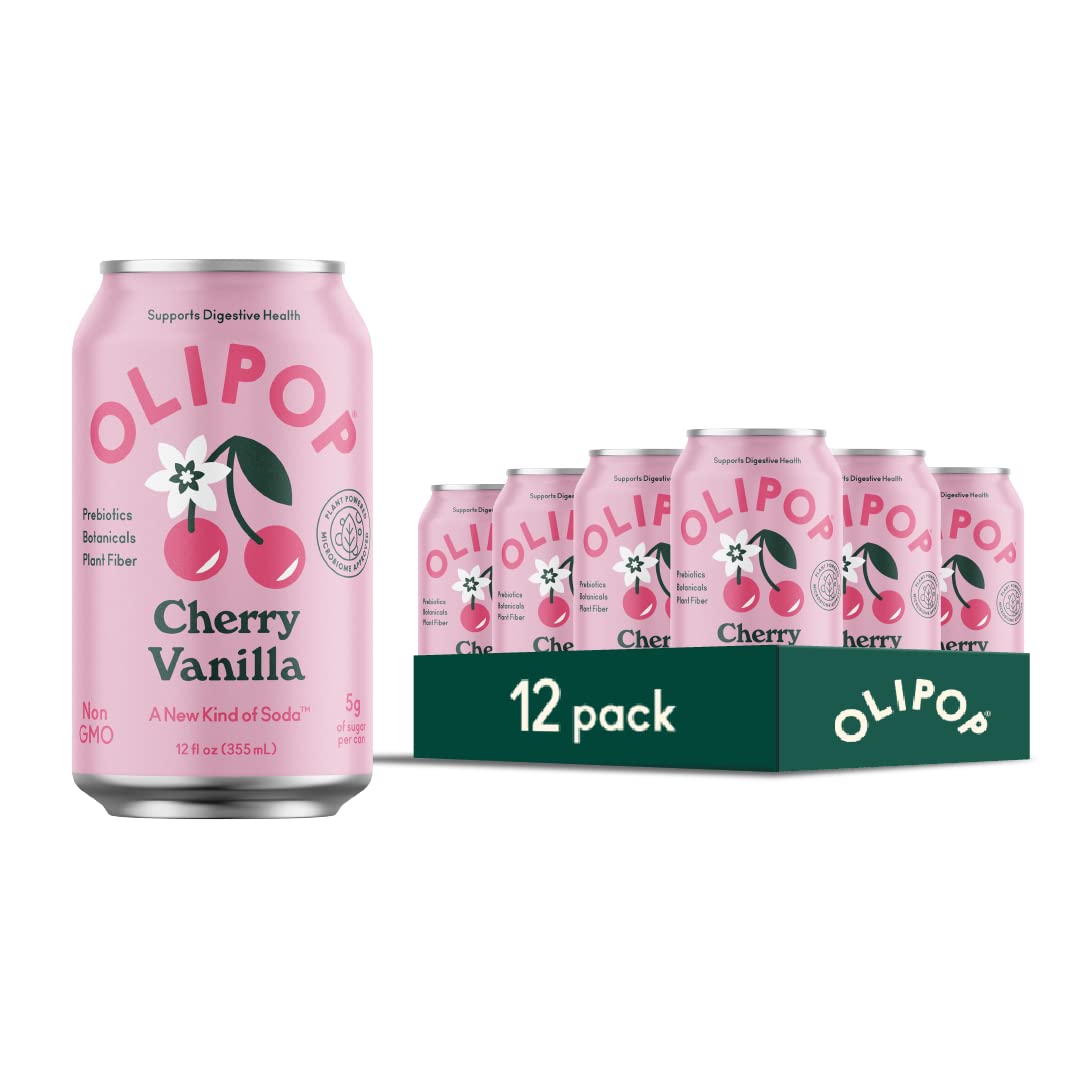 OLIPOP Cherry Vanilla Soda, Prebiotic Soft Drink, 12 Fl Oz (Pack of 12)