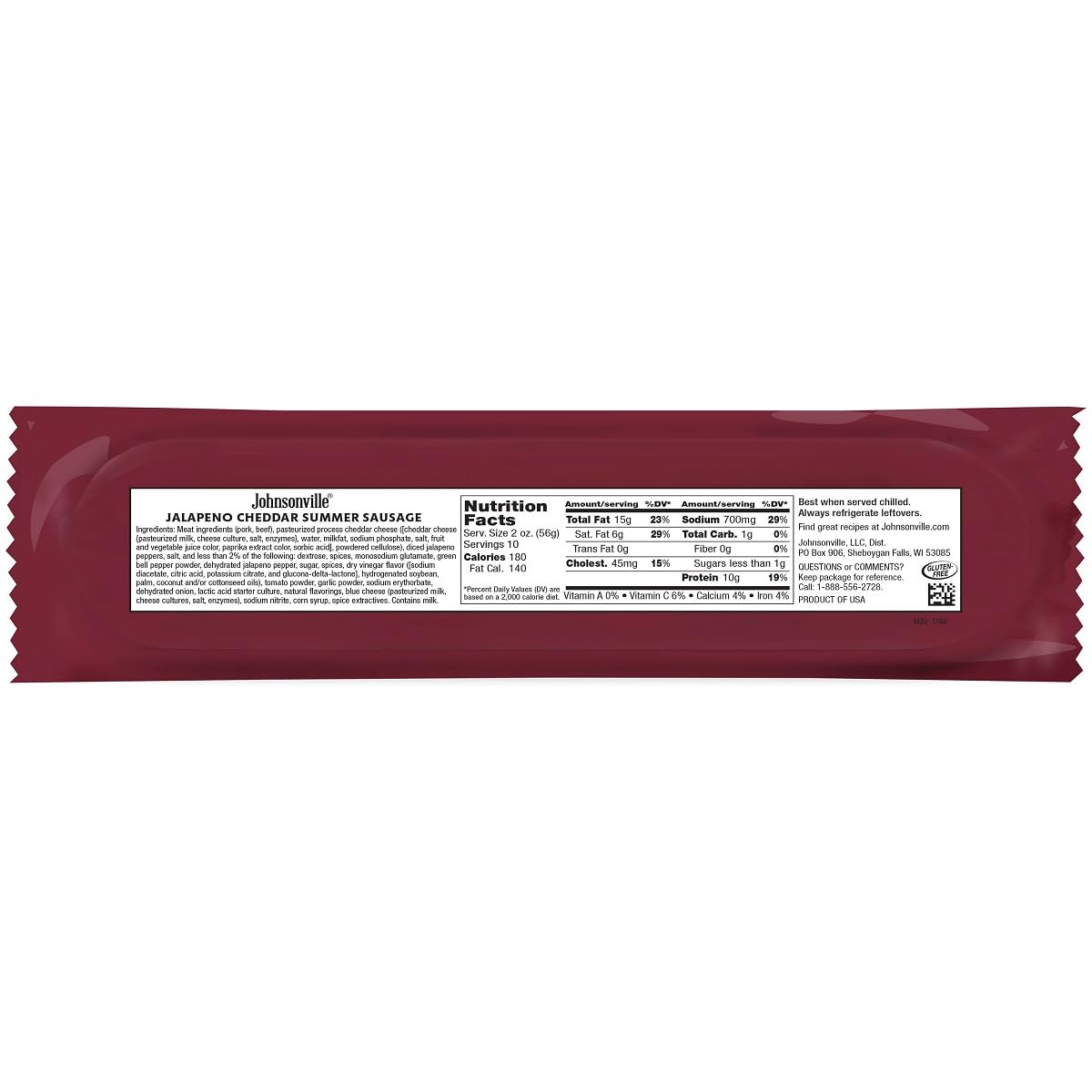 Johnsonville Jalapeno Cheddar Summer Sausage 1/20Oz, Good Source Of Protein, Great For Charcuterie And Cheese Boards