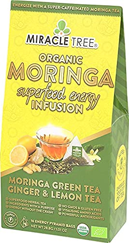 Tree Moringa Energy Tea - Green Tea, Ginger & Lemon, Organic Non-GMO, 5 Pack of 16 Pyramid Sachets