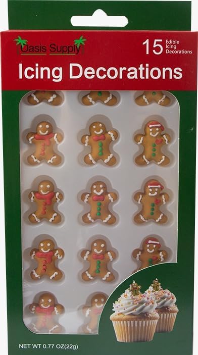 Oasis Supply Christmas Edible Cake Decorations, 45 Pieces, Royal Icing, Gingerbread Man, Santa Face, Trees, Wreaths, Red Green White